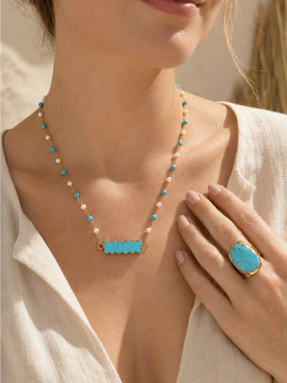 Handcrafted Turquoise Necklace & Tarnish-Resistant Cast Ring Set
